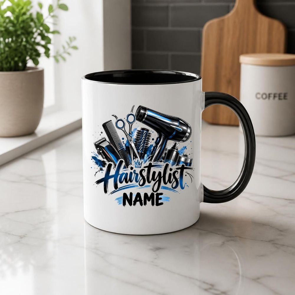 Personalised Mug "Hairstylist" Custom Name Hairdresser Coffee Cup 350ml Ceramic, Male Female Barber Hair Salon Design, Pink Floral Blue Hair Tools, Gift for Stylist Beautician Colleague, Birthday Christmas Secret Santa | Fast Dispatch by UK Seller (M1196)