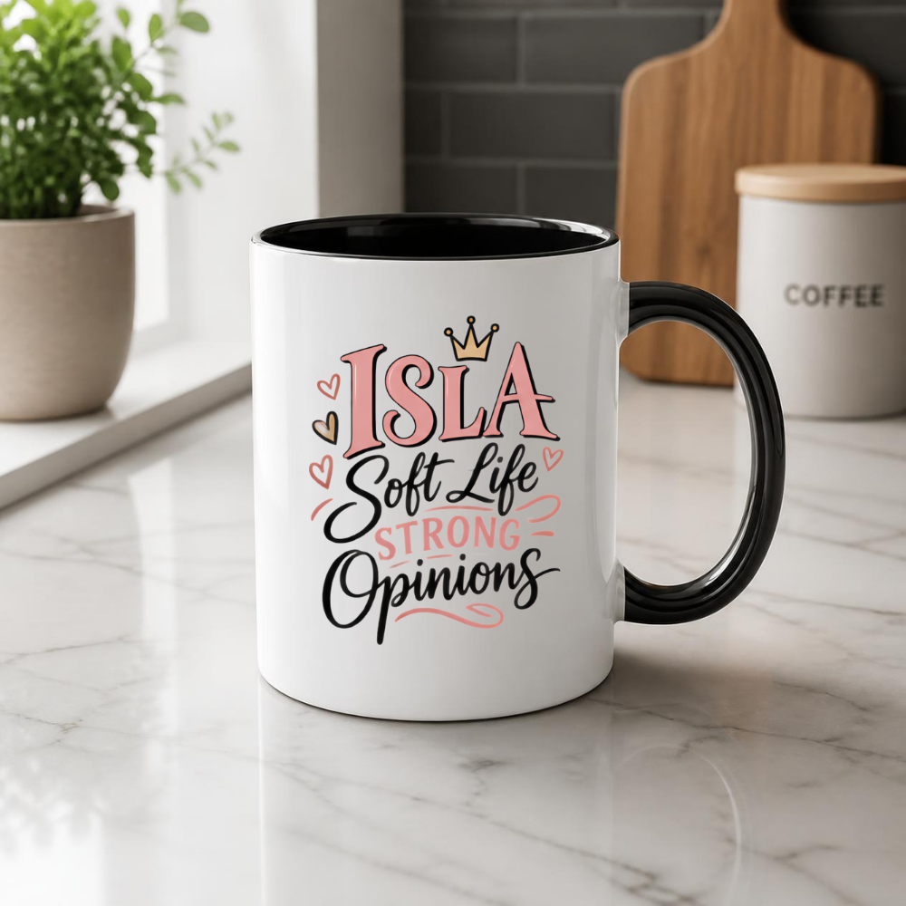 Personalized Name Mug "Isla Soft Life Strong Opinions" Isla Soft Life Strong Opinions 325ml Ceramic Coffee Mug – Custom Name Typography Slogan with Gold Crown & Pink Hearts | Funny Gift | Fast Dispatch by UK Seller (M3422)
