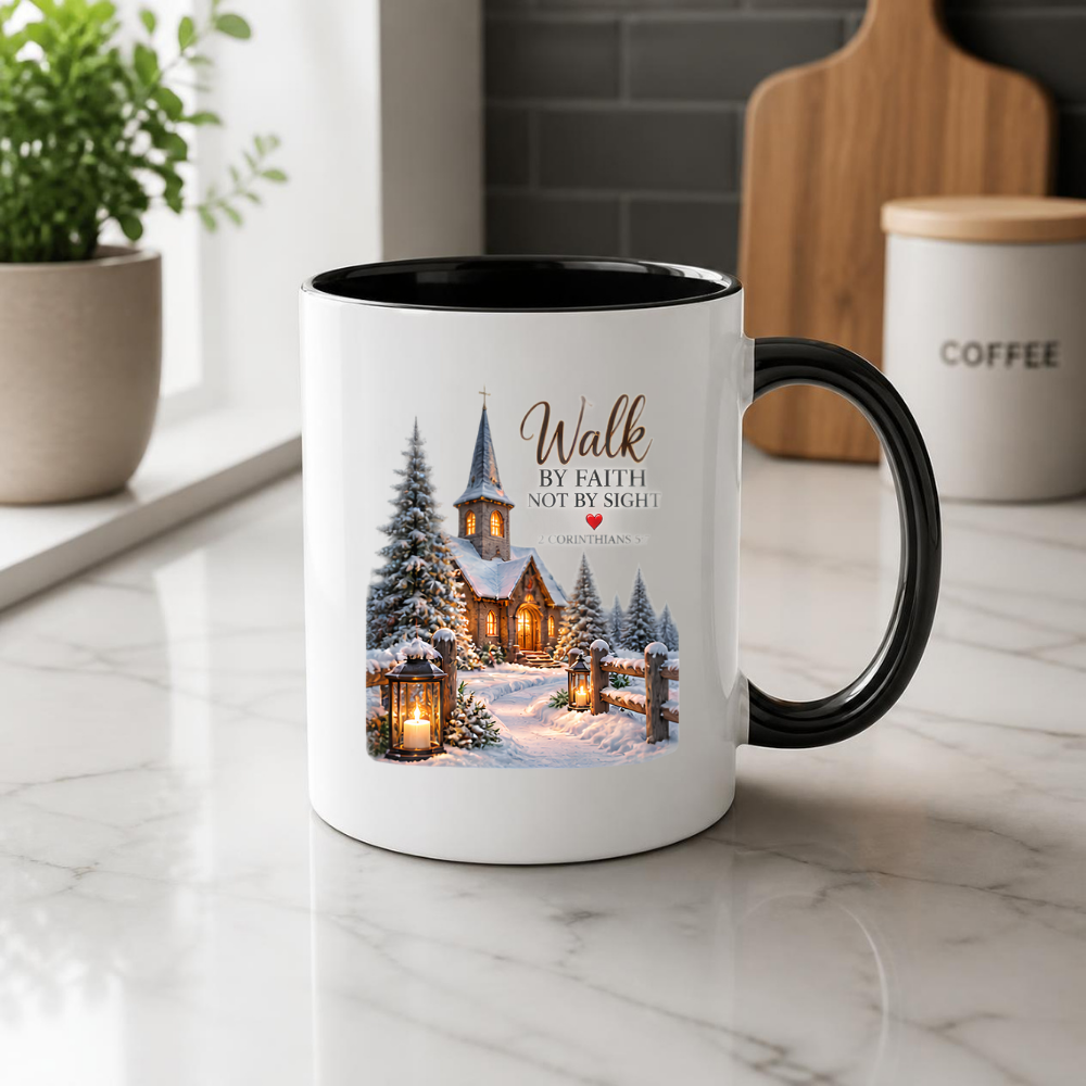 Christmas Mug "Walk By Faith Not By Sight 2 Corinthians 5:7" 325ml Ceramic Coffee Mug – Snowy Winter Church Scene Mug With Lanterns Pine Trees Christian Holiday Gift | Available in Multicolours | Fast Dispatch by UK Seller (M3303)