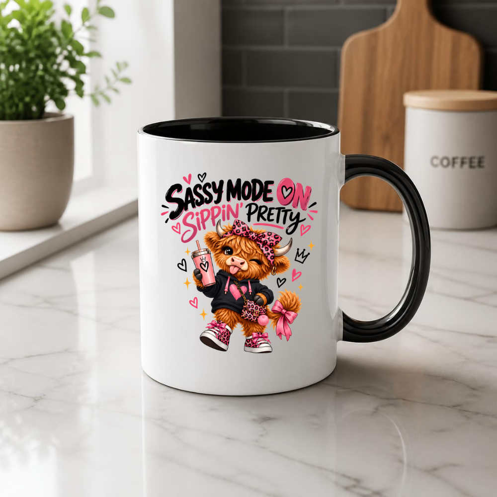 Funny Highland Cow Mug "Sassy Mode On Sippin' Pretty" Sassy Mode On Sippin' Pretty 325ml Ceramic Coffee Mug – Cute Highland Cow in Pink Leopard Bow & Sneakers | Funny Sassy Slogan Gift | Fast Dispatch by UK Seller (M3478)