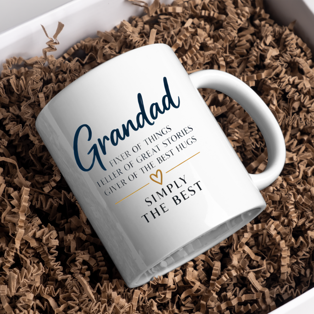Grandad Mug "Grandad FIXER OF THINGS TELLER OF GREAT STORIES SIMPLY THE BEST" Sweet Grandpa 325ml Ceramic Coffee Mug Heartwarming Grandad Tea Cup with Gold Heart Graphic Gift | Available in Multicolours | Fast Dispatch by UK Seller (M3023)