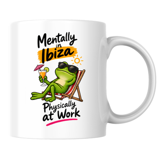 Funny Holiday Mug "Mentally in Ibiza Physically at Work" Cool Frog 325ml Ceramic Coffee Mug Sarcastic Beach Vacation Tea Cup with Deckchair & Cocktail Graphic Gift | Available in Multicolours | Fast Dispatch by UK Seller (M3005)