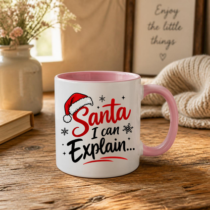Funny Christmas Mug "Santa I Can Explain..." Santa I Can Explain... 325ml Ceramic Coffee Mug – Festive Humor Slogan with Red Santa Hat, Snowflakes & Star Sparkles | Winter Holiday Gift | Fast Dispatch by UK Seller (M3434)