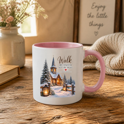 Christmas Mug "Walk By Faith Not By Sight 2 Corinthians 5:7" 325ml Ceramic Coffee Mug – Snowy Winter Church Scene Mug With Lanterns Pine Trees Christian Holiday Gift | Available in Multicolours | Fast Dispatch by UK Seller (M3303)