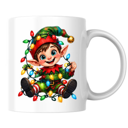 Festive Mug Tangled Fairy Lights Christmas Elf 325ml Ceramic Coffee Mug Cute Holiday Tea Cup with Jingle Bell Hat & Colorful Lights Gift | Available in Multicolours | Fast Dispatch by UK Seller (M1243)