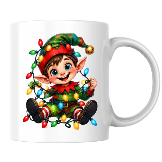 Festive Mug Tangled Fairy Lights Christmas Elf 325ml Ceramic Coffee Mug Cute Holiday Tea Cup with Jingle Bell Hat & Colorful Lights Gift | Available in Multicolours | Fast Dispatch by UK Seller (M1243)