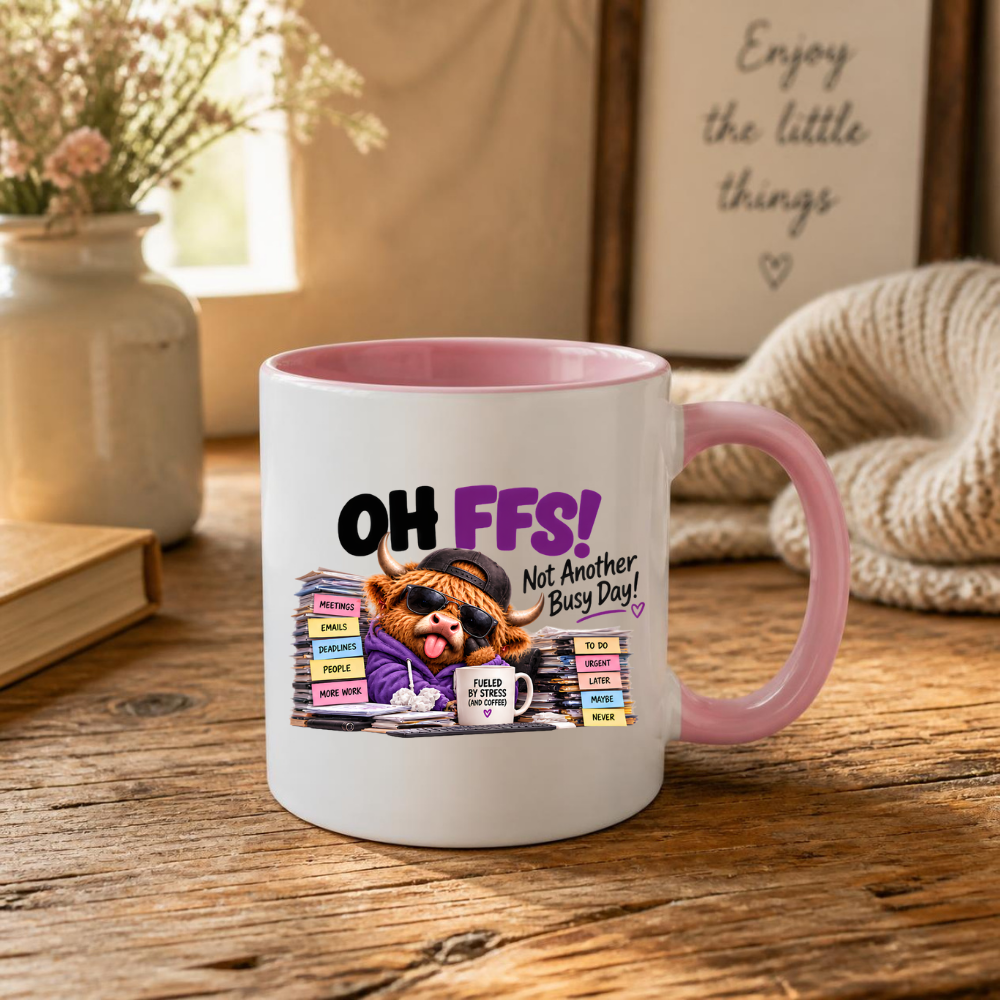 Highland Cow Busy Day Mug "OH FFS! Not Another Busy Day!" Oh Ffs! Not Another Busy Day! 325ml Ceramic Coffee Mug – Cute Highland Cow at Messy Office Desk with Stacks of Files & Coffee Mug | Funny Workplace Gift | Fast Dispatch by UK Seller (M3383)