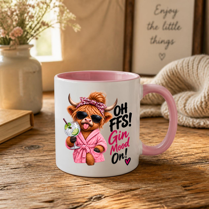 Highland Cow Gin Lover Mug "Oh FFS Gin Mood On!" Oh FFS! Gin Mood On! 325ml Ceramic Coffee Mug – Cute Highland Cow in Pink Bathrobe & Leopard Bow Holding Gin & Tonic Cocktail Glass | Funny Gift | Fast Dispatch by UK Seller (M3391)