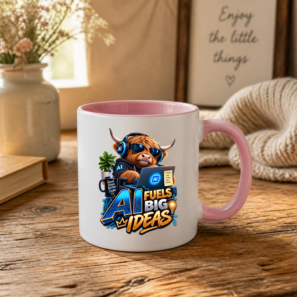 Tech Mug "AI Fuels Big Ideas" AI Fuels Big Ideas 325ml Ceramic Coffee Mug – Funny Highland Cow IT Programmer Mug with Good Ideas Better Code & Laptop | Gift for Developers | Fast Dispatch by UK Seller (M3329)
