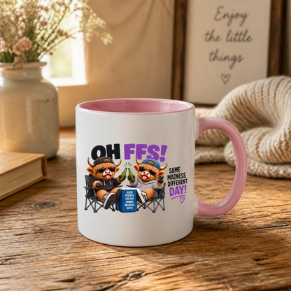Camping Besties Highland Cows Mug "OH FFS! Same Madness Different Day!" Oh Ffs! Same Madness Different Day! 325ml Ceramic Coffee Mug – Cute Highland Cows in Camping Chairs Toasting Beer Bottles | Funny Bestie Gift | Fast Dispatch by UK Seller (M3373)