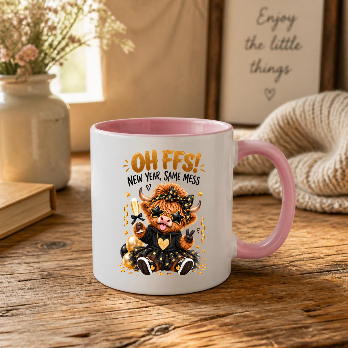 New Year Highland Cow Mug "Oh FFS! New Year, Same Mess" Oh FFS! New Year, Same Mess 325ml Ceramic Coffee Mug – Cute Highland Cow with Champagne, Star Glasses, Tutu & Confetti | Funny New Year Gift | Fast Dispatch by UK Seller (M3365)