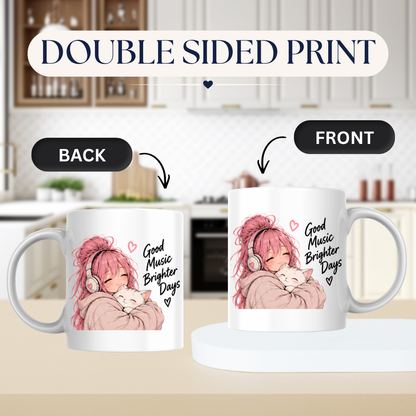 Inspirational Anime Mug "Good Music Brighter Days" Pink Hair Girl & Cat 325ml Ceramic Coffee Mug Wholesome Tea Cup with Headphones & Sleeping Kitten Graphic Gift | Available in Multicolours | Fast Dispatch by UK Seller (M3037)