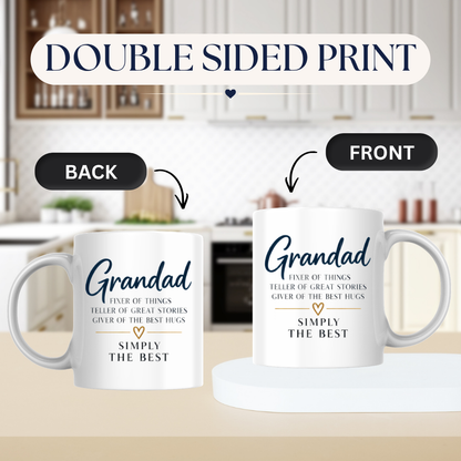 Grandad Mug "Grandad FIXER OF THINGS TELLER OF GREAT STORIES SIMPLY THE BEST" Sweet Grandpa 325ml Ceramic Coffee Mug Heartwarming Grandad Tea Cup with Gold Heart Graphic Gift | Available in Multicolours | Fast Dispatch by UK Seller (M3023)