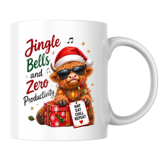 Festive Mug "Jingle Bells and Zero Productivity" Highland Cow 325ml Ceramic Coffee Mug Funny Christmas Holiday Tea Cup with Sunglasses, Fairy Lights & Gift Tag | Available in Multicolours | Fast Dispatch by UK Seller (M1294)