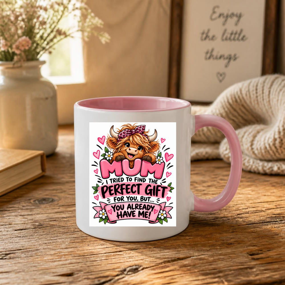 Funny Highland Cow Mug "Mum I Tried To Find The Perfect Gift" Mum I Tried To Find The Perfect Gift For You 325ml Ceramic Coffee Mug –Cute Highland Cow with Leopard Bandana & Floral Ribbon | Mother's Day & Birthday Gift | Fast Dispatch by UK Seller (M3447)