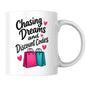 Humorous Mug "Chasing Dreams and Discount Codes" 325ml Ceramic Coffee Mug Funny Shopping Lover Tea Cup with Pink & Teal Shopping Bags & Hearts Graphic Gift | Available in Multicolours | Fast Dispatch by UK Seller (M1316)