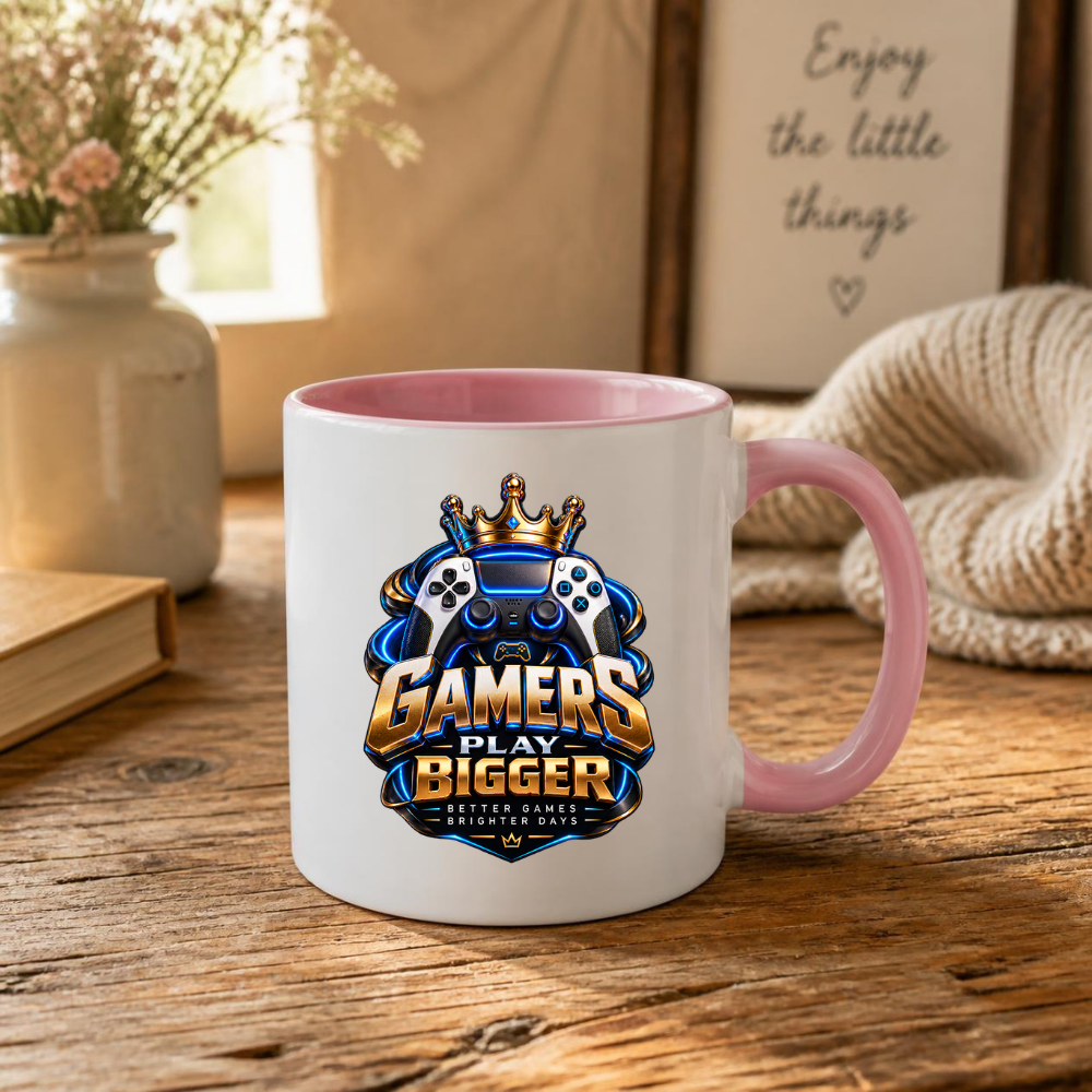 Gaming Mug "Gamers Play Bigger" Gamers Play Bigger 325ml Ceramic Coffee Mug – Royal Gold & Blue Gaming Controller Crest with Crown & Slogan | Video Game Gift | Fast Dispatch by UK Seller (M3349)