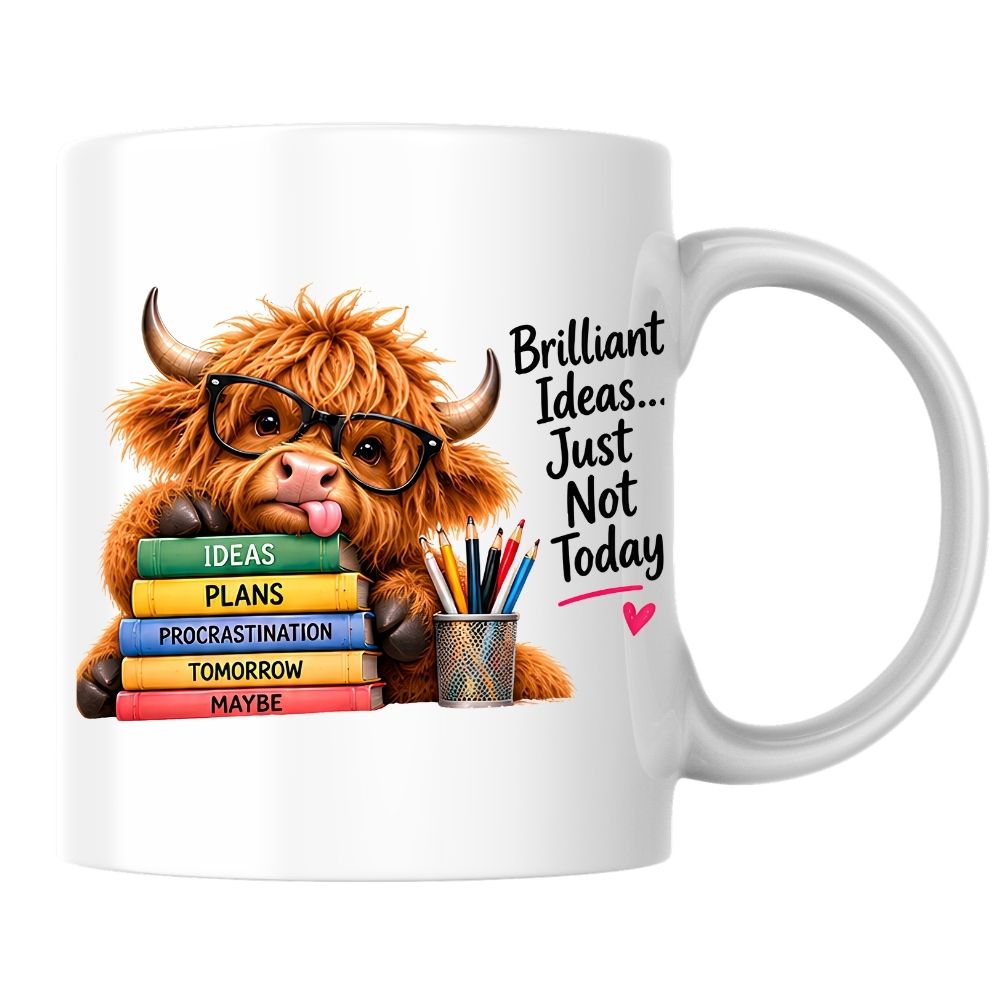 Humorous Mug "Brilliant Ideas... Just Not Today" Highland Cow 325ml Ceramic Coffee Mug Cute Animal Tea Cup with Glasses, Stacked Books & Pencils | Available in Multicolours | Fast Dispatch by UK Seller (M1281)