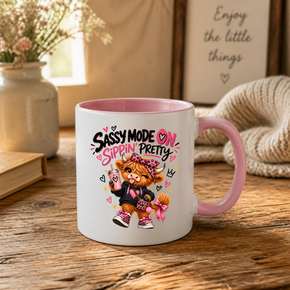 Funny Highland Cow Mug "Sassy Mode On Sippin' Pretty" Sassy Mode On Sippin' Pretty 325ml Ceramic Coffee Mug – Cute Highland Cow in Pink Leopard Bow & Sneakers | Funny Sassy Slogan Gift | Fast Dispatch by UK Seller (M3478)