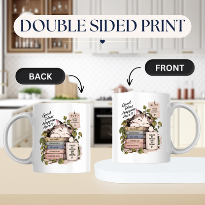 Inspirational Cat Mug "Good Ideas Happen Here" Sleeping Kitten & Books 325ml Ceramic Coffee Mug – Mindful Tea Cup with Greenery and Mug Graphic Gift | Available in Multicolours | Fast Dispatch by UK Seller (M3049)