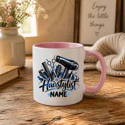 Personalised Mug "Hairstylist" Custom Name Hairdresser Coffee Cup 350ml Ceramic, Male Female Barber Hair Salon Design, Pink Floral Blue Hair Tools, Gift for Stylist Beautician Colleague, Birthday Christmas Secret Santa | Fast Dispatch by UK Seller (M1196)