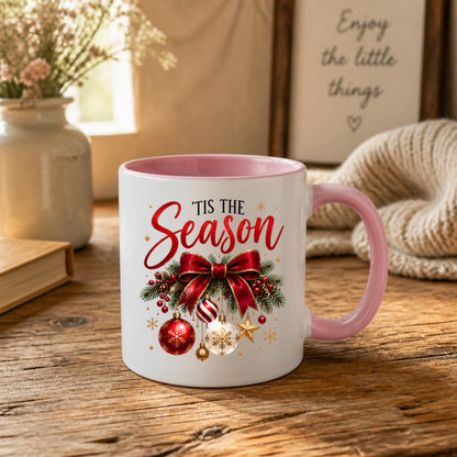 Christmas Bow Ornaments Mug "'Tis The Season" 'Tis The Season 325ml Ceramic Coffee Mug – Festive Red Bow with Hanging Baubles, Stars & Pine Branches | Holiday Gift | Fast Dispatch by UK Seller (M3401)