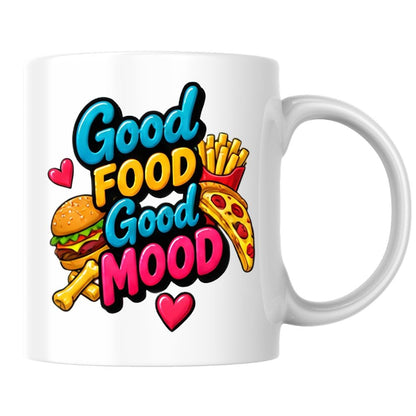 Foodie Mug "Good Food Good Mood" 325ml Ceramic Coffee Mug Cute Fast Food Lover Tea Cup with Burger, Pizza Slice & Fries Gift | Available in Multicolours | Fast Dispatch by UK Seller (M1308)