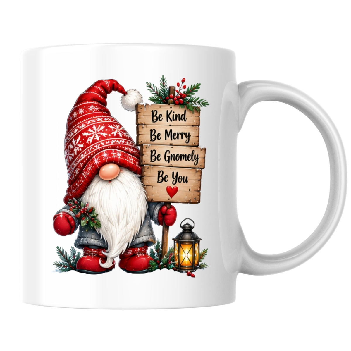 Inspiring Mug "Be Kind Be Merry Be Gnomely Be You" Gnome 325ml Ceramic Coffee Mug Festive Winter Holiday Tea Cup with Sign, Lantern & Red Hat Gift | Available in Multicolours | Fast Dispatch by UK Seller (M1257)