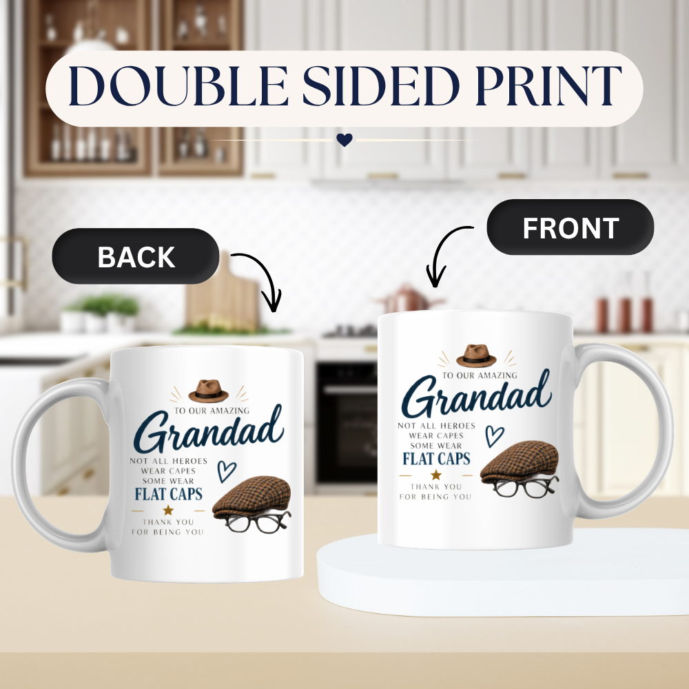 Family Mug "TO OUR AMAZING Grandad NOT ALL HEROES WEAR CAPES SOME WEAR FLAT CAPS" Sweet Grandpa 325ml Ceramic Coffee Mug Heartwarming Grandad Tea Cup with Flat Cap & Glasses Graphic Gift | Available in Multicolours | Fast Dispatch by UK Seller (M3017)