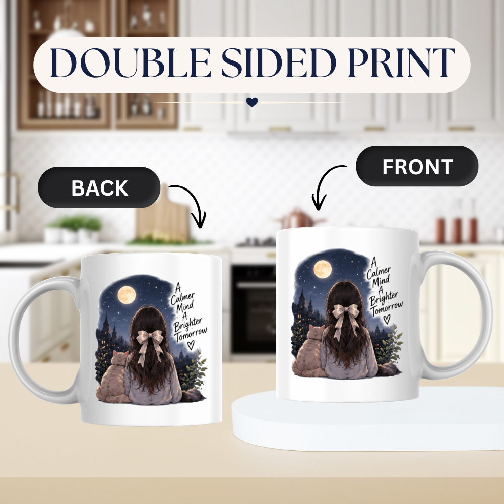 Inspirational Mug "A Calmer Mind A Brighter Tomorrow" Girl & Cat Night Sky 325ml Ceramic Coffee Mug Serene Anime Tea Cup with Full Moon & City Skyline Graphic Gift | Available in Multicolours | Fast Dispatch by UK Seller (M3029)