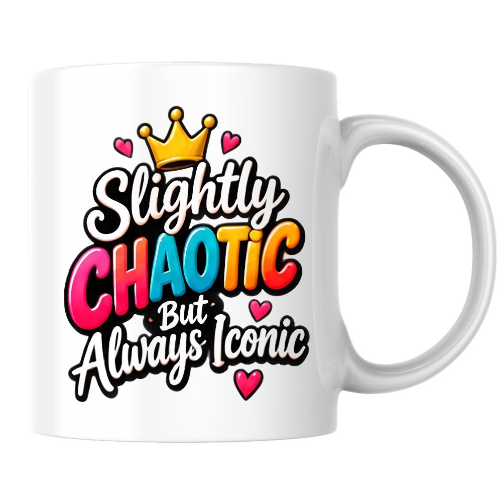 Sassy Mug "Slightly Chaotic But Always Iconic" 325ml Ceramic Coffee Mug Cute Bold Typography Tea Cup with Gold Crown & Pink Hearts Gift | Available in Multicolours | Fast Dispatch by UK Seller (M1301)
