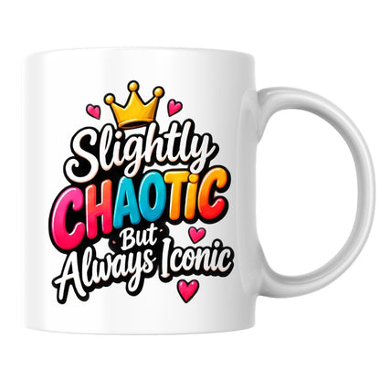 Sassy Mug "Slightly Chaotic But Always Iconic" 325ml Ceramic Coffee Mug Cute Bold Typography Tea Cup with Gold Crown & Pink Hearts Gift | Available in Multicolours | Fast Dispatch by UK Seller (M1301)
