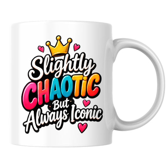 Sassy Mug "Slightly Chaotic But Always Iconic" 325ml Ceramic Coffee Mug Cute Bold Typography Tea Cup with Gold Crown & Pink Hearts Gift | Available in Multicolours | Fast Dispatch by UK Seller (M1301)