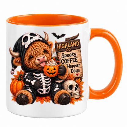 Halloween Mug "Highland Cow Skeleton Spooky Coffee" Highland Cow Skeleton Spooky Coffee 325ml Ceramic Coffee Mug– Cute Halloween Autumn Tea Cup With Skeleton Onesie Highland Cow Graphic Gift | Available in Multicolours | Fast Dispatch by UK Seller (M3213)