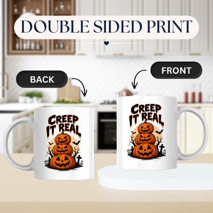 Halloween Mug "CREEP IT Real" Pumpkin Stack 325ml Ceramic Coffee Mug – Novelty Autumn Tea Cup with Jack-o'-Lantern Trio & Graveyard Graphic Gift | Available in Multicolours | Fast Dispatch by UK Seller (M3073)