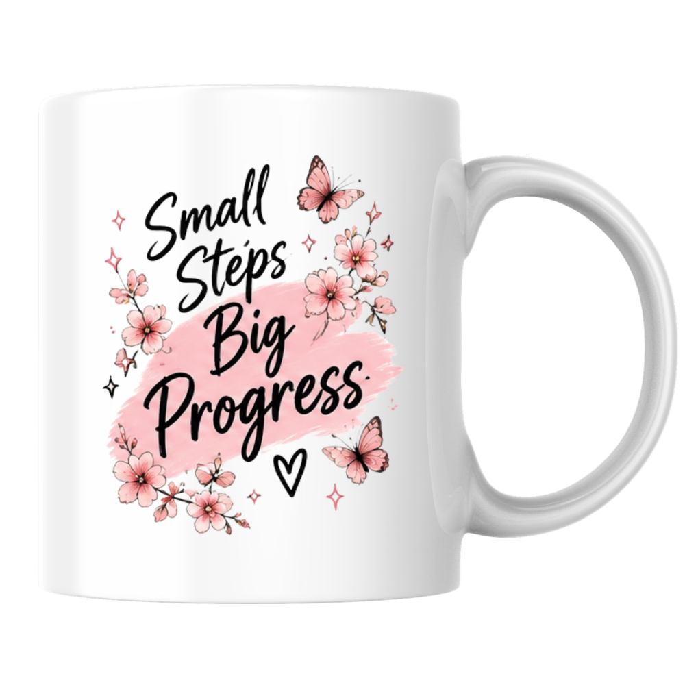 Inspirational Quote Mug "Small Steps Big Progress" Pink Floral Butterfly 325ml Ceramic Coffee Mug Motivational Tea Cup with Cherry Blossoms & Butterflies Graphic Gift | Available in Multicolours | Fast Dispatch by UK Seller (M3030)