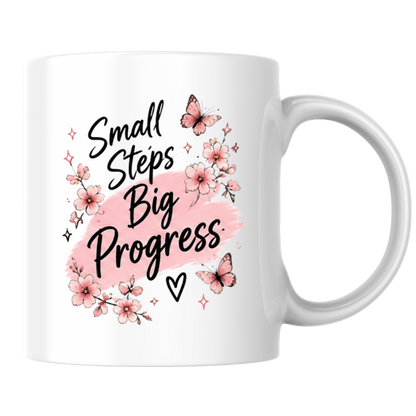 Inspirational Quote Mug "Small Steps Big Progress" Pink Floral Butterfly 325ml Ceramic Coffee Mug Motivational Tea Cup with Cherry Blossoms & Butterflies Graphic Gift | Available in Multicolours | Fast Dispatch by UK Seller (M3030)