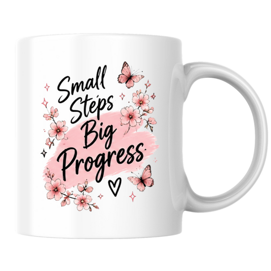 Inspirational Quote Mug "Small Steps Big Progress" Pink Floral Butterfly 325ml Ceramic Coffee Mug Motivational Tea Cup with Cherry Blossoms & Butterflies Graphic Gift | Available in Multicolours | Fast Dispatch by UK Seller (M3030)
