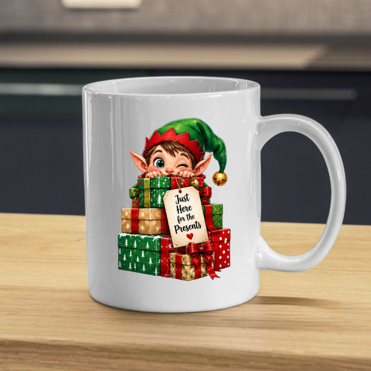 Playful Mug "Just Here for the Presents" Christmas Elf 325ml Ceramic Coffee Mug Cute Holiday Tea Cup with Jingle Bell Hat & Gift Box Tag Gift | Available in Multicolours | Fast Dispatch by UK Seller (M1244)