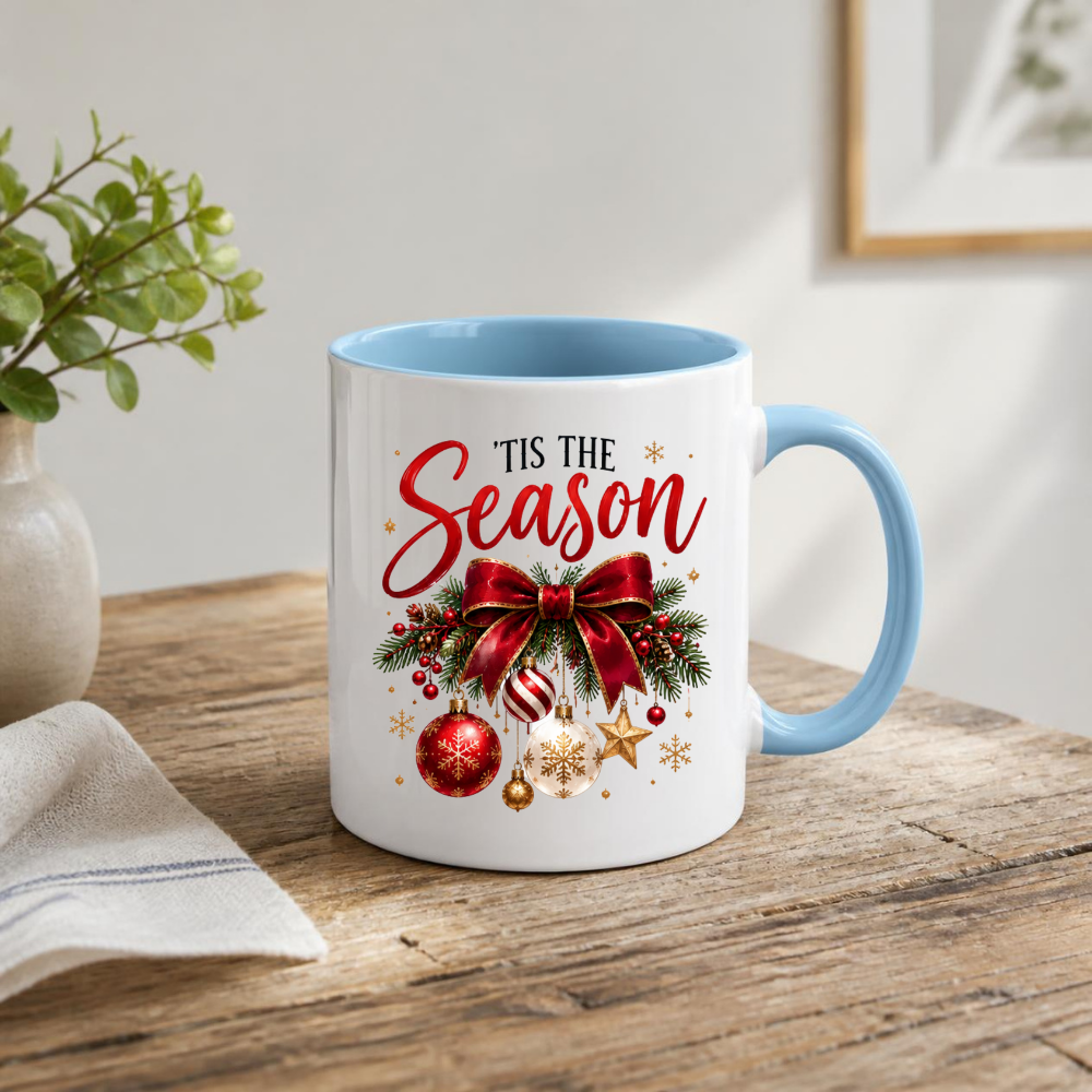 Christmas Bow Ornaments Mug "'Tis The Season" 'Tis The Season 325ml Ceramic Coffee Mug – Festive Red Bow with Hanging Baubles, Stars & Pine Branches | Holiday Gift | Fast Dispatch by UK Seller (M3401)