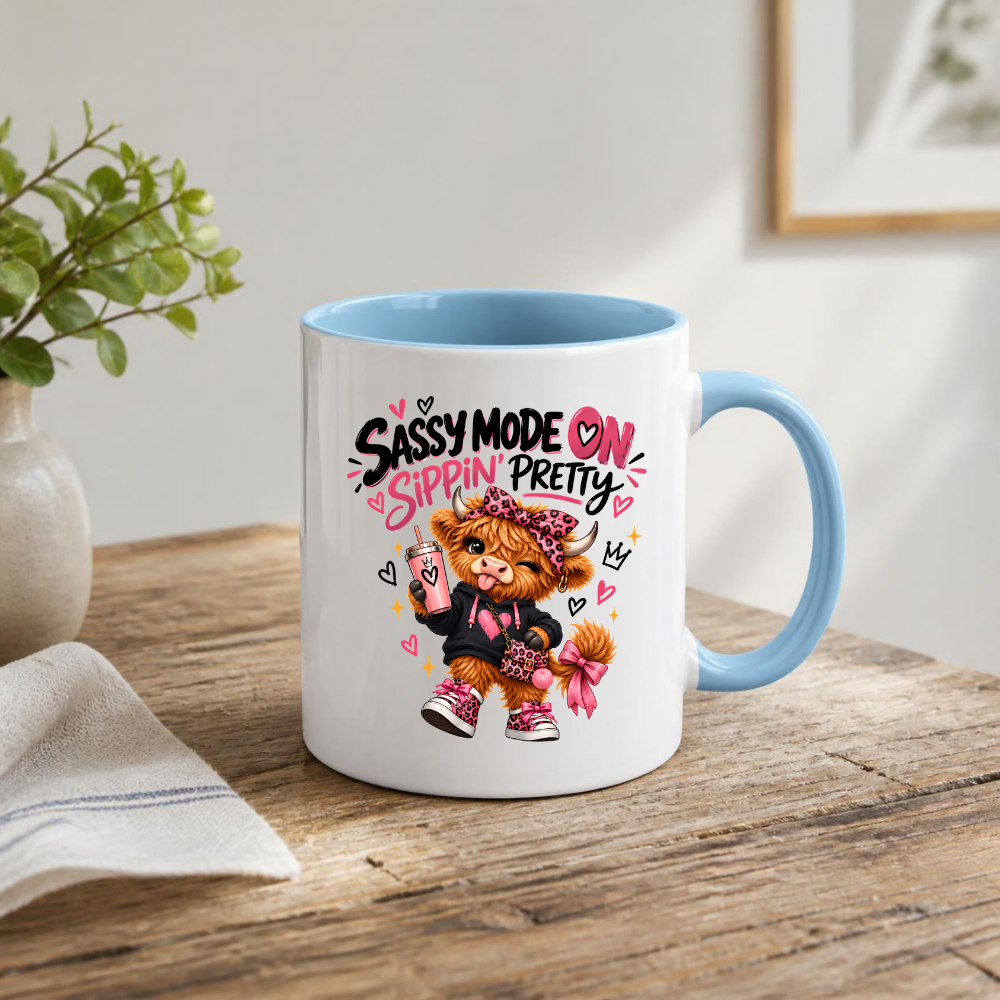 Funny Highland Cow Mug "Sassy Mode On Sippin' Pretty" Sassy Mode On Sippin' Pretty 325ml Ceramic Coffee Mug – Cute Highland Cow in Pink Leopard Bow & Sneakers | Funny Sassy Slogan Gift | Fast Dispatch by UK Seller (M3478)