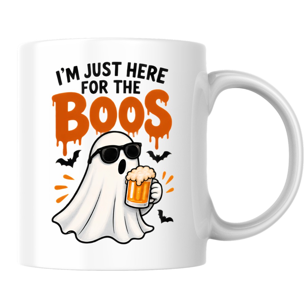 Halloween Mug "I'M JUST HERE For The Boos" Cool Ghost 325ml Ceramic Coffee Mug – Funny Drinking Ghost Tea Cup with Sunglasses & Beer Glass Graphic Gift | Available in Multicolours | Fast Dispatch by UK Seller (M3074)