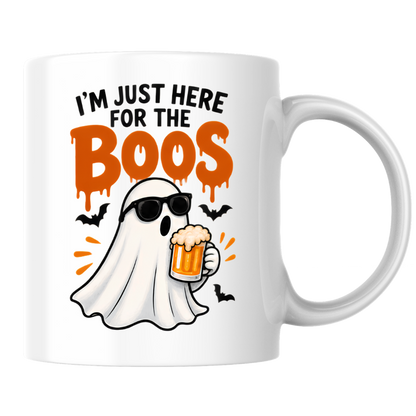 Halloween Mug "I'M JUST HERE For The Boos" Cool Ghost 325ml Ceramic Coffee Mug – Funny Drinking Ghost Tea Cup with Sunglasses & Beer Glass Graphic Gift | Available in Multicolours | Fast Dispatch by UK Seller (M3074)
