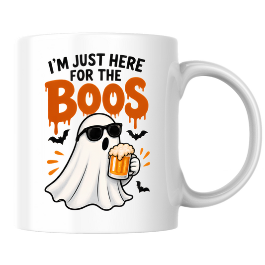Halloween Mug "I'M JUST HERE For The Boos" Cool Ghost 325ml Ceramic Coffee Mug – Funny Drinking Ghost Tea Cup with Sunglasses & Beer Glass Graphic Gift | Available in Multicolours | Fast Dispatch by UK Seller (M3074)