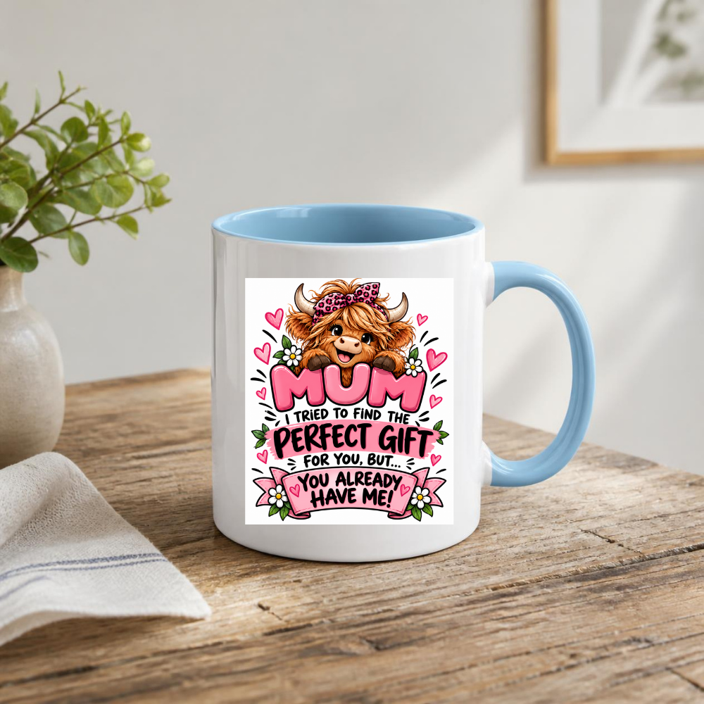 Funny Highland Cow Mug "Mum I Tried To Find The Perfect Gift" Mum I Tried To Find The Perfect Gift For You 325ml Ceramic Coffee Mug –Cute Highland Cow with Leopard Bandana & Floral Ribbon | Mother's Day & Birthday Gift | Fast Dispatch by UK Seller (M3447)