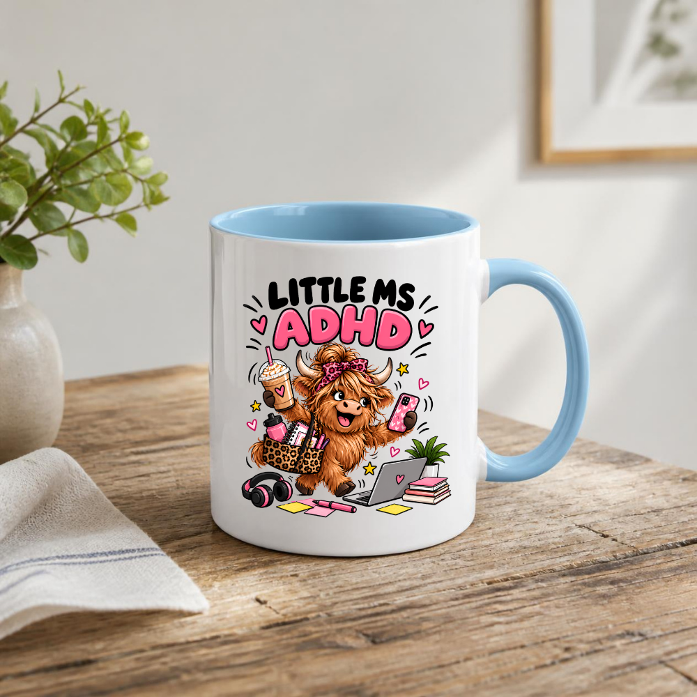 Funny ADHD Highland Cow Mug "Little Ms ADHD" Little Ms ADHD 325ml Ceramic Coffee Mug – Cute Highland Cow with Leopard Bow, Laptop, Coffee & Chaos | Relatable Neurodivergent & ADHD Humor Gift | Fast Dispatch by UK Seller (M3461)
