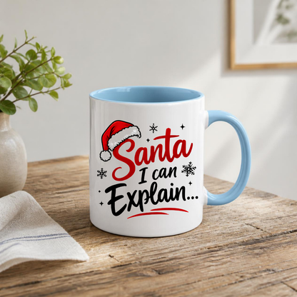 Funny Christmas Mug "Santa I Can Explain..." Santa I Can Explain... 325ml Ceramic Coffee Mug – Festive Humor Slogan with Red Santa Hat, Snowflakes & Star Sparkles | Winter Holiday Gift | Fast Dispatch by UK Seller (M3434)