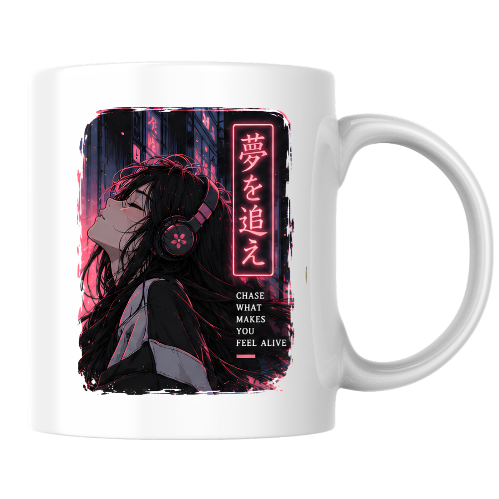 Inspirational Anime Girl Mug "CHASE WHAT Makes You Feel Alive" Cyberpunk Headphones 325ml Ceramic Coffee Mug – Aesthetic Mindful Tea Cup With Japanese Neon Kanji Graphic Gift | Available in Multicolours | Fast Dispatch by UK Seller (M3050)