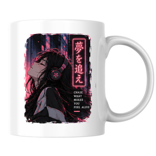 Inspirational Anime Girl Mug "CHASE WHAT Makes You Feel Alive" Cyberpunk Headphones 325ml Ceramic Coffee Mug – Aesthetic Mindful Tea Cup With Japanese Neon Kanji Graphic Gift | Available in Multicolours | Fast Dispatch by UK Seller (M3050)