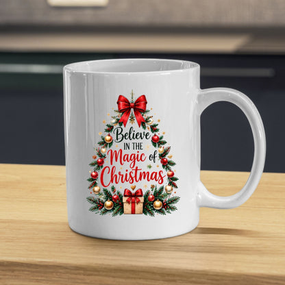 Enchanting Mug "Believe in the Magic of Christmas" Christmas Tree 325ml Ceramic Coffee Mug Festive Winter Holiday Tea Cup with Red Bow, Ornaments & Gift Box | Available in Multicolours | Fast Dispatch by UK Seller (M1265)